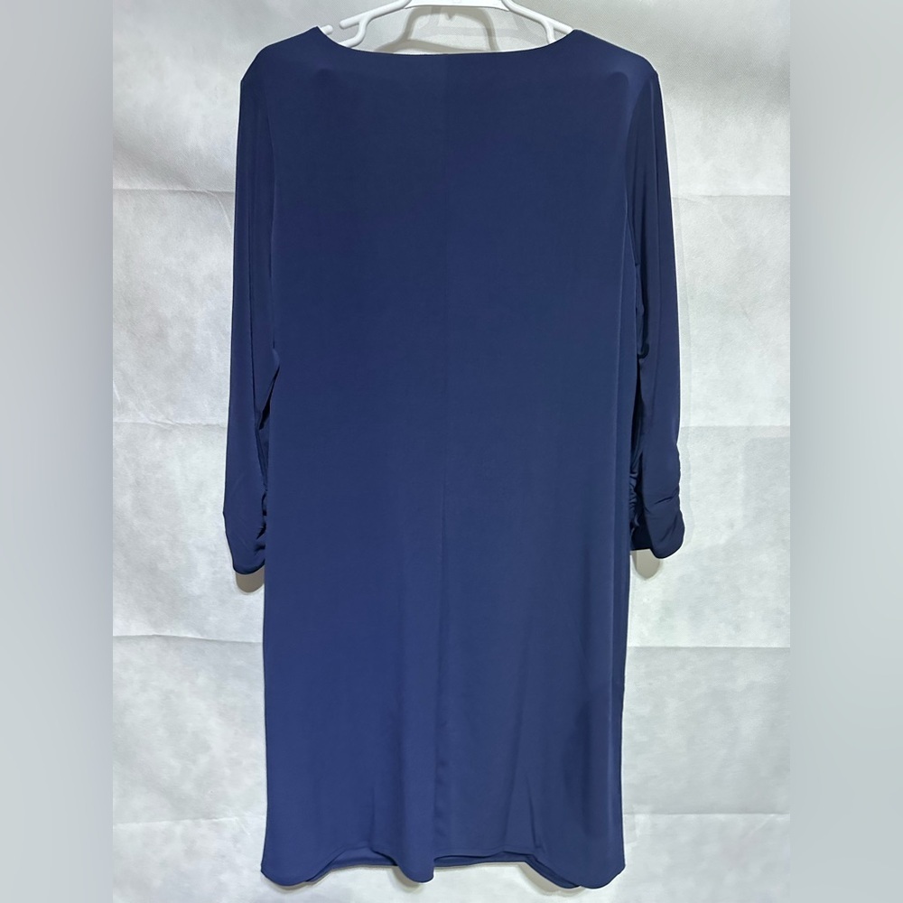 NWT Chicos 2 Size 12-14 Slinky Stretch Navy Blue 3/4 Ruched Sleeve Sheath Dress - Picture 2 of 6